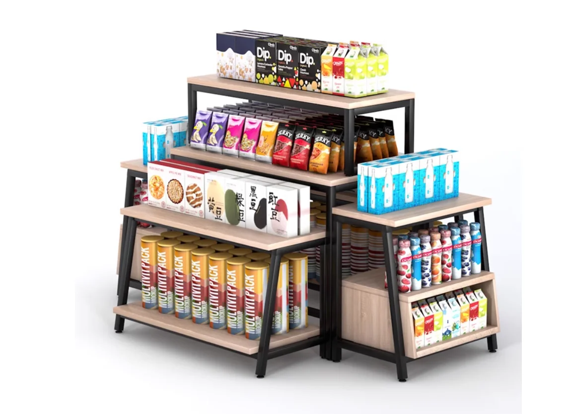 Supermarket steel and wood flow table display shelves in the island cabinet