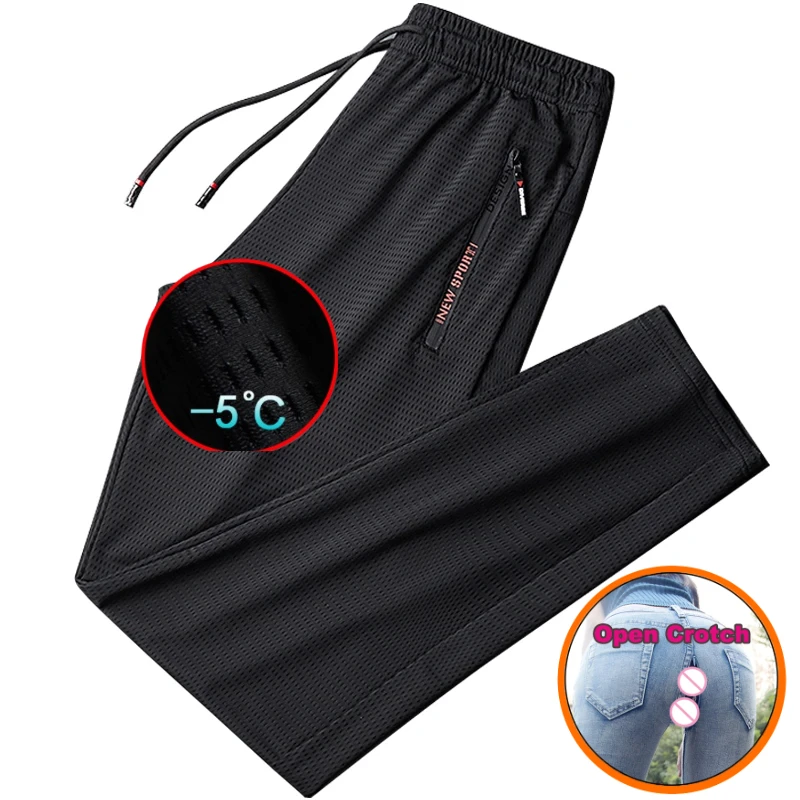 

Men open crotch Summer Breathable Mesh Black Sweatpants Men Joggers Sportswear Baggy Trousers Male Casual Track Pants 8XL