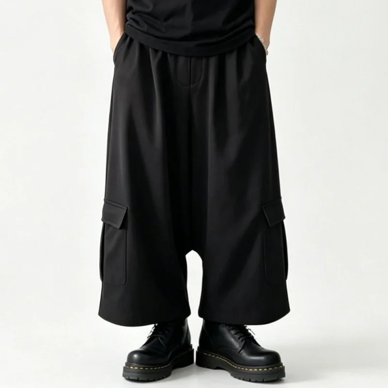 

Men's casual pants, dark-colored wide-leg pants, loose-fitting, drapey, cropped pants, high-waisted skirt-pants A48