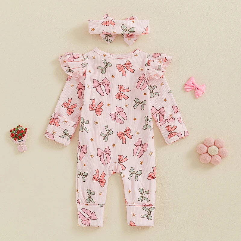 0-6M Autumn Baby Girl Outfit Long Sleeve Bow Print Jumpsuit with Bowknot Headband Baby Clothes