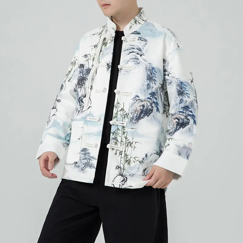 

New Chinese Sle Men's Jaet Mountain Water Lacape Painting Tang Costume Bamboo Knot High-End Feeling Outerwear Coat