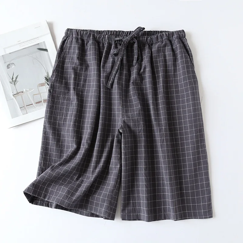 Sommer lässig 100% Baumwolle Herren Plaid Nachtwäsche Shorts lose dünne Schlaf hose Homewear atmungsaktive männliche Lounge Schlaf hosen