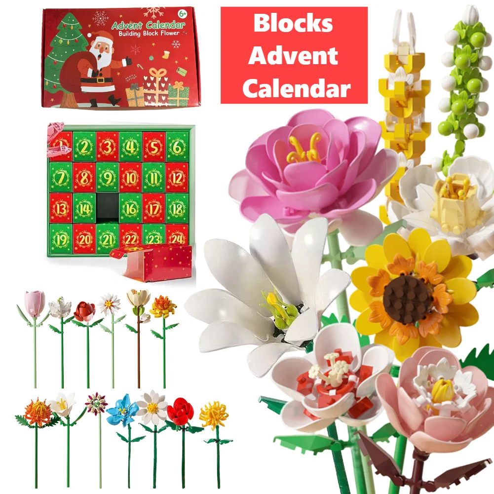 

Набор рождественских строительных блоков с цветами, сделай сам, цветочные кирпичи, букет игрушек, календарь обратного отсчета, домашний декор, рождественские подарки для детей и взрослых