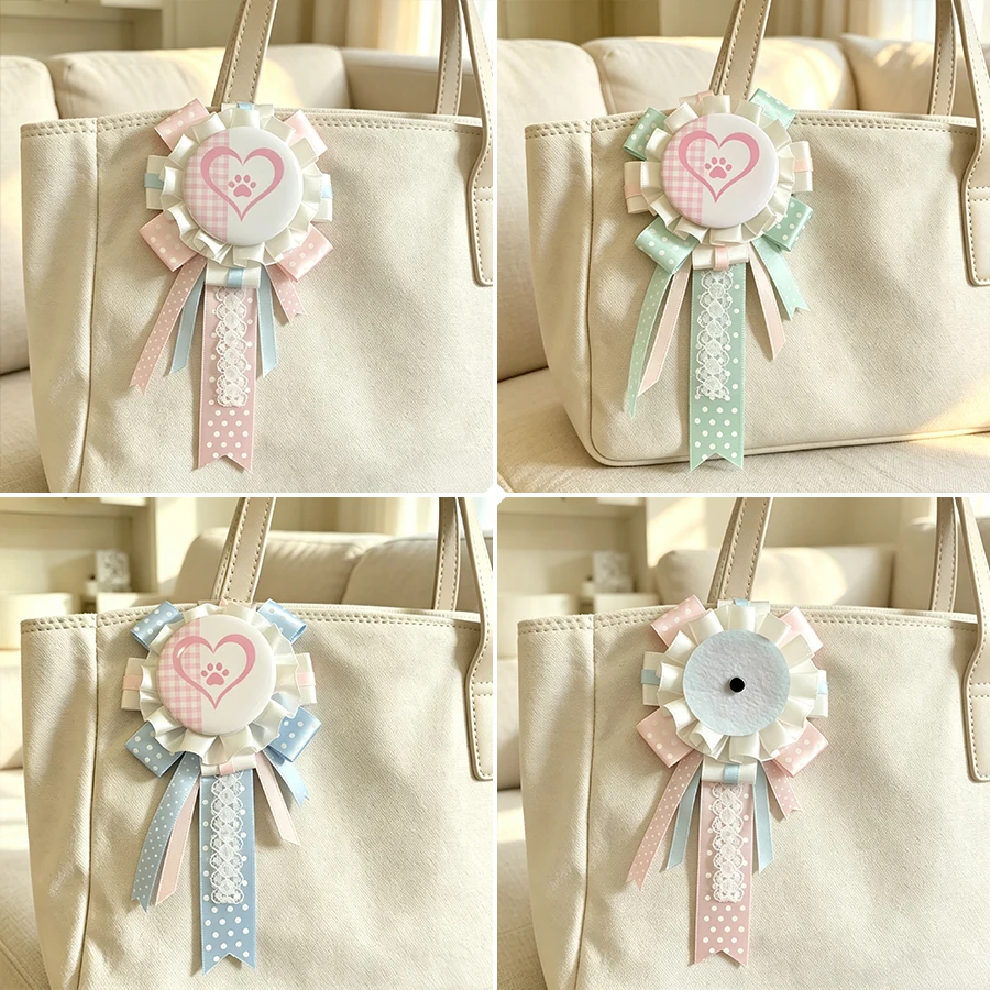 Handmade Ribbon Badge Holder With Magnet Pin Polka Dot Satin Bow Lace Anime Lolita Brooch Accessory For KPOP Cartoon Pin Display Fan Collectible Decor