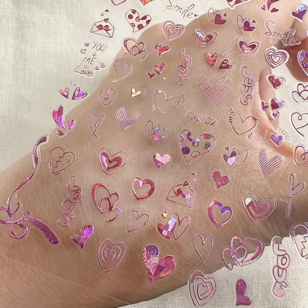 4Pcs 3D Laser Pink Lines-Heart Nail Stickers Set Sparkling Hollow Love Ribbon Nails Decals Romantic Valentine's Day Nail Sliders