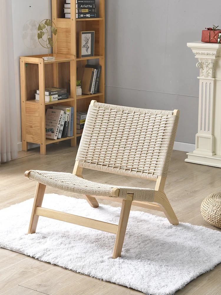 

Nordic solid wood rope woven single leisure chair wabi-sabi wind lazy sofa recliner living room balcony rattan reading chair