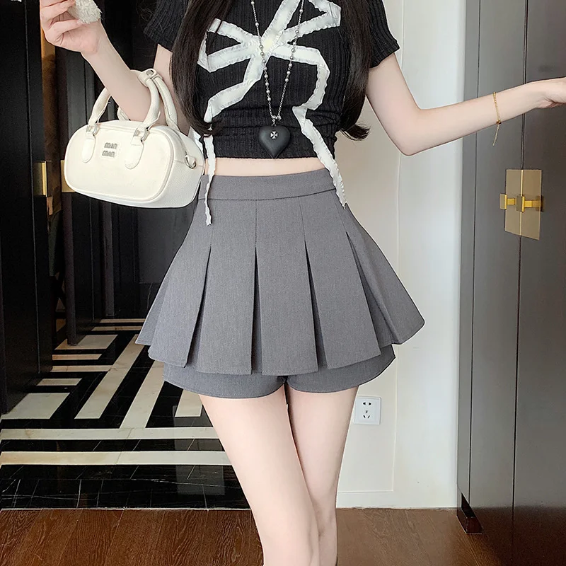 Gray Bowknot Pleated Mini Skirt Women's Spring Summer Small Size Suit High Waist A-Line Short Skirt Pants Korean Sle Commute