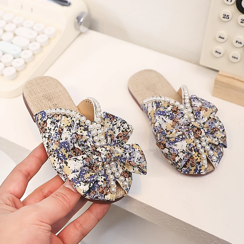 Children Slippers Kids Summer Slippers for Girls Soft Floral Cloth Princess Sweet Indoor Outdoor Girls Pearls Slippers Bow-knot