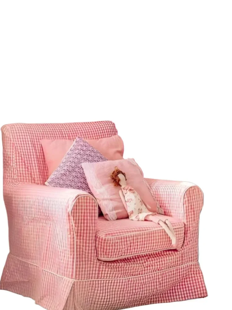 English plaid cotton and linen fabric single sofa reading chair living room Internet celebrity French retro style study