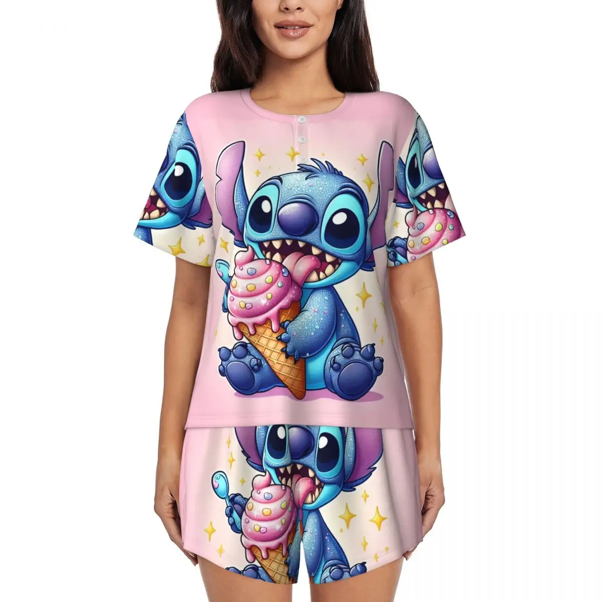 Custom Cartoon Anime Manga Stitch Pajamas Set Women Short Sleeve Sleepwear Loungewear 2 Piece Pjs