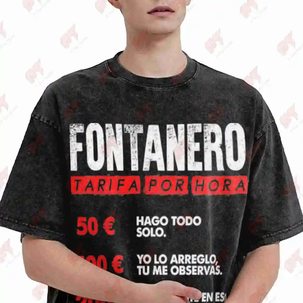 Funny Plumber Hourly Rate Spanish English Pricing Vintage Washed Tee Pure Cotton T-Shirt