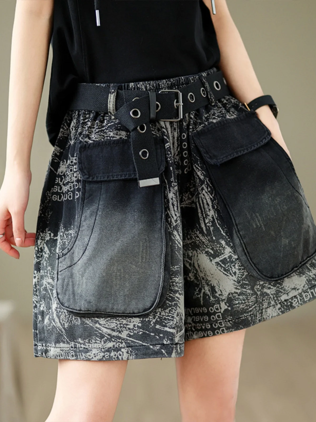 

Retro Waed Print Denim orts High Waist Straight Leg Wide Pants Women's plus Size Faion Workwear ort Trousers