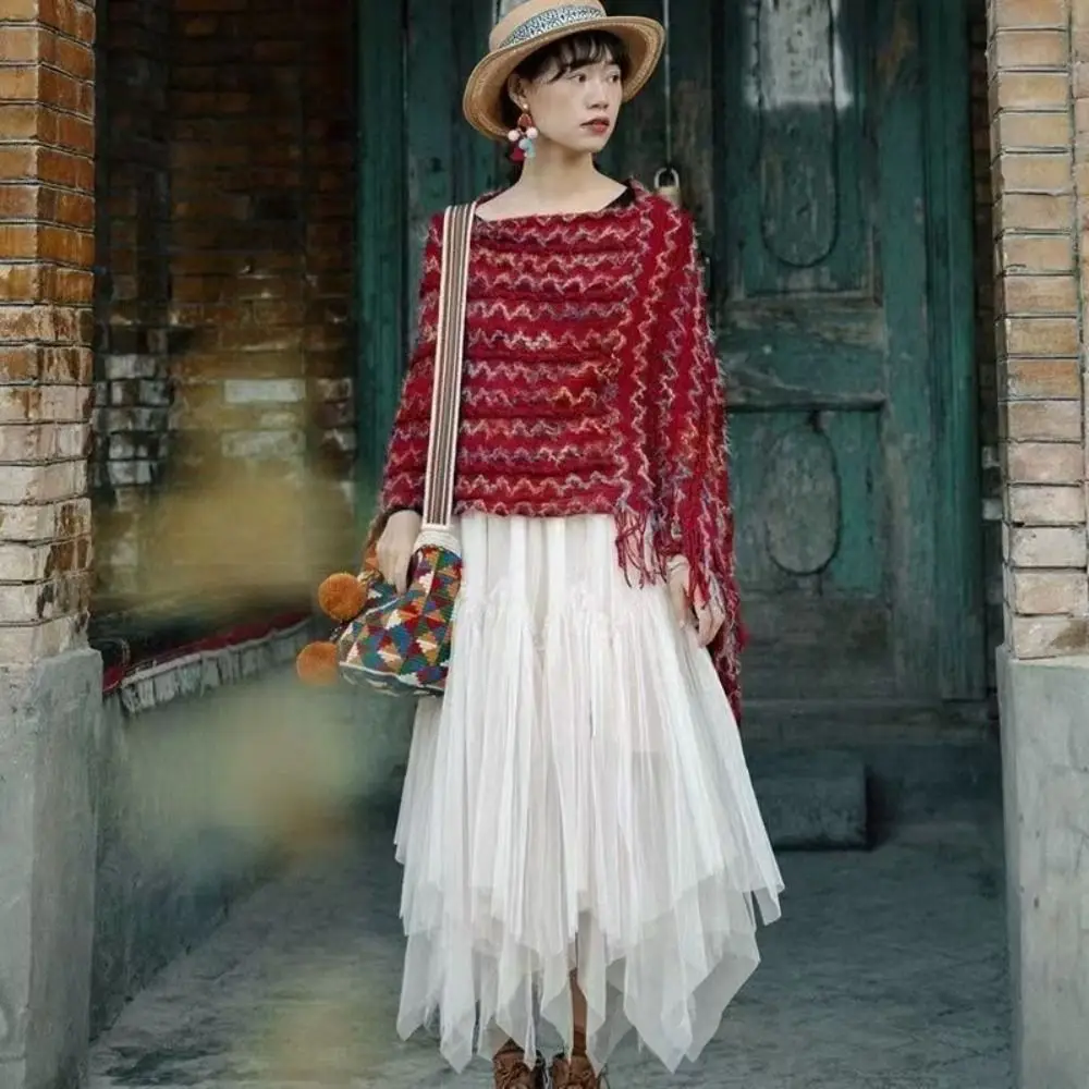 

Модный вязаный пуловер в этническом стиле, шаль, зимнее теплое элегантное монгольское пончо, накладки, женская мода