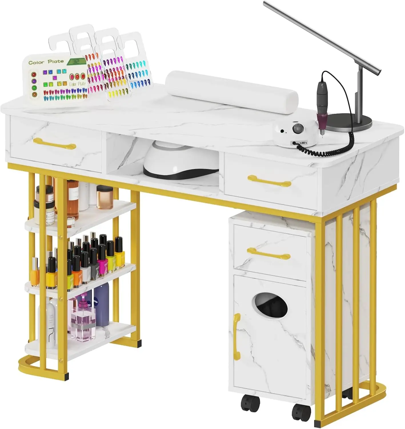 Manicure Table Nail Desk for Nail Tech, Marbling Texture Modern Nail Station with Wrist Cushion & Cabinet, Multipurpose Table fo