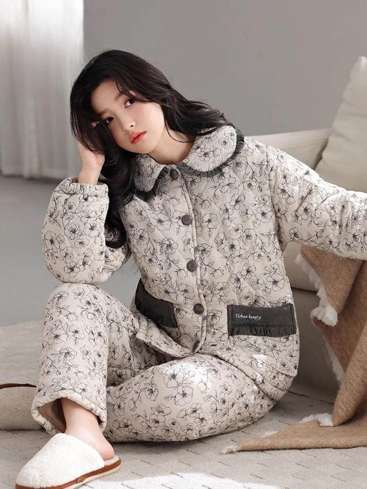 

Женский комплект домашней одежды Thiened из чистого хлопка, зимняя теплая мода, большие размеры, коралловая бархатная ткань, длинный разрез...