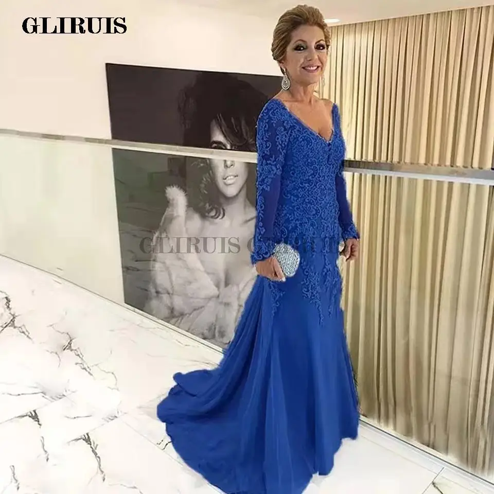 

Mother of the Bride Dresses Long Sleeves V Neck Godmother Evening Dresses Wedding Party Guest Gowns New