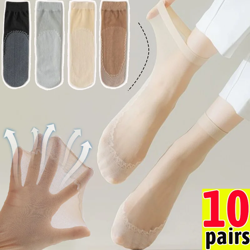 

1-10pairs Summer Soft Silk Socks for Women Cotton Breathable Bottom Non-Slip Transparent Socks Short Nylon Slippers Ladies Socks