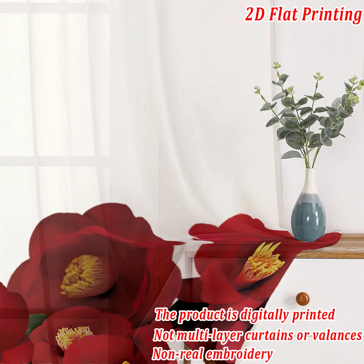 ستارة شفافة بطباعة مسطحة من كاميليا سينينسيس باللون الأحمر، قماش خفيف، لغرفة المعيشة وغرفة النوم وديكور المنزل والنافذة