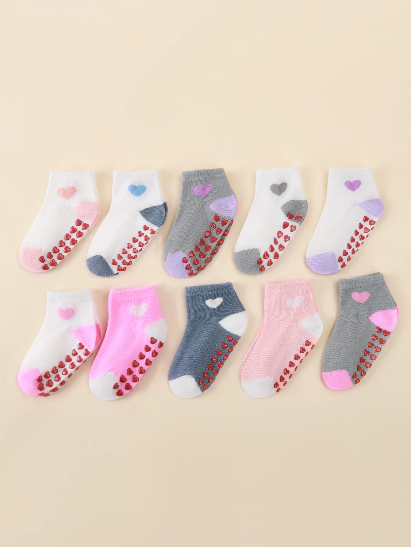 10 pairs of children's anti slip socks with heart-shaped pattern design, soft and comfortable, suitable for newborns and toddler