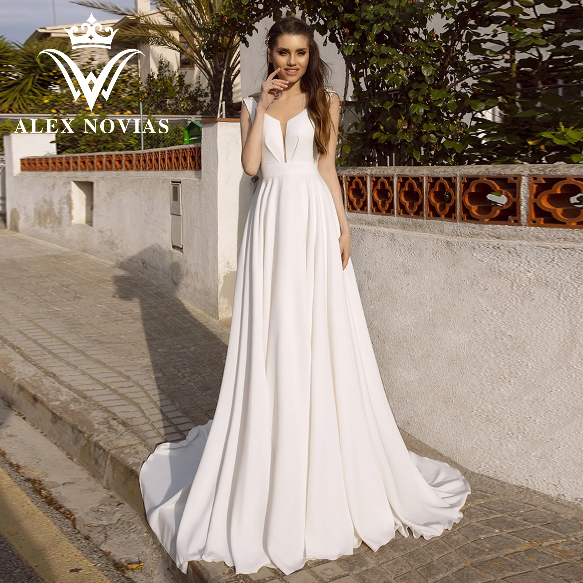 

ALEX NOVIAS A-Line Satin Wedding Dress High Quality 2023 V-neck Backless Sleeveless Simple Wedding Gown Vestidos Novias De Saten