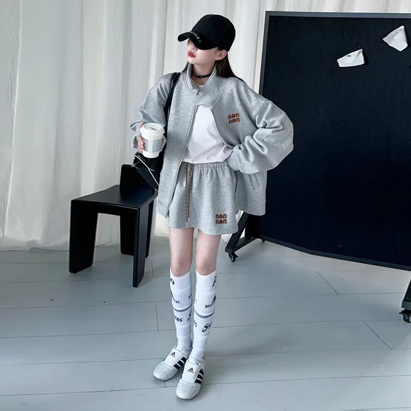 مجموعة ملابس الخريف للفتيات لعام 2025 سترة بقلنسوة رمادية للمراهقين سترة علوية وفستان تنورة صغيرة بطيات 4 5 10 11 12 14 سنة #1