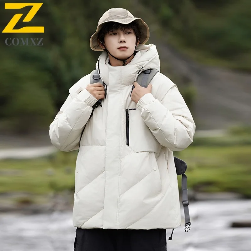 COMXZ Premium Men Down Jacket Casual Hooded Outdoor Adventure Warm Parka Solid Color Travel Windproof Lightweight Winter Coat