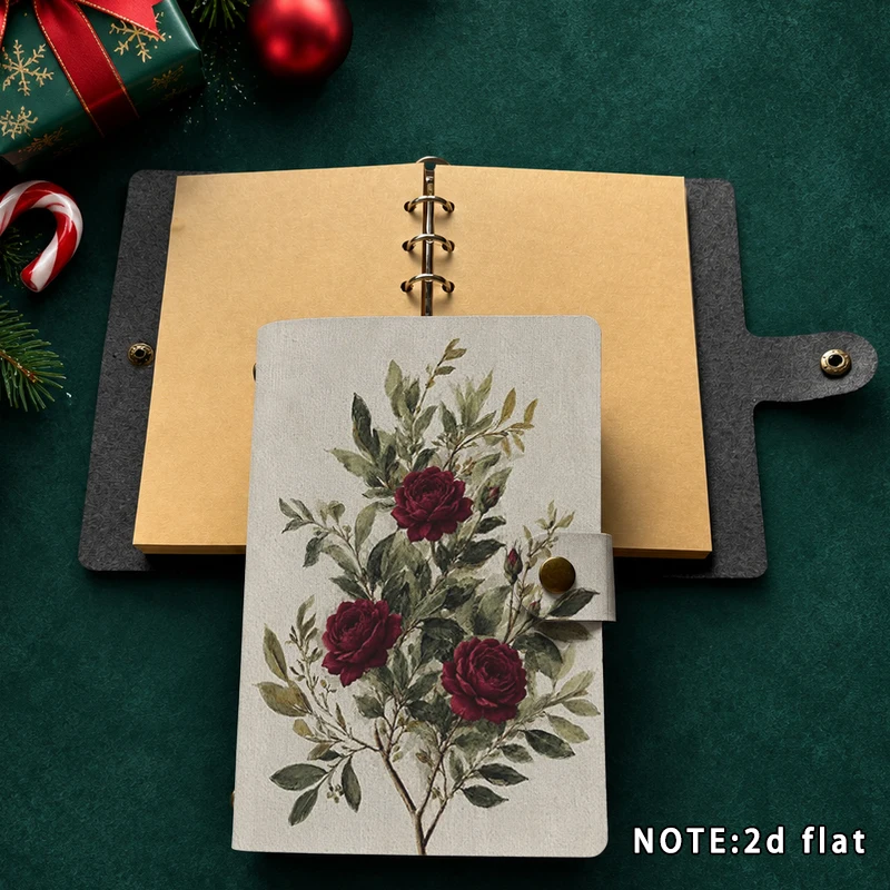 Vintage Dark Red Rose Floral Pattern Loose Leaf Notebook Snap Button Ring Binder Journal Kraft Paper Diary Planner Stationery Gi