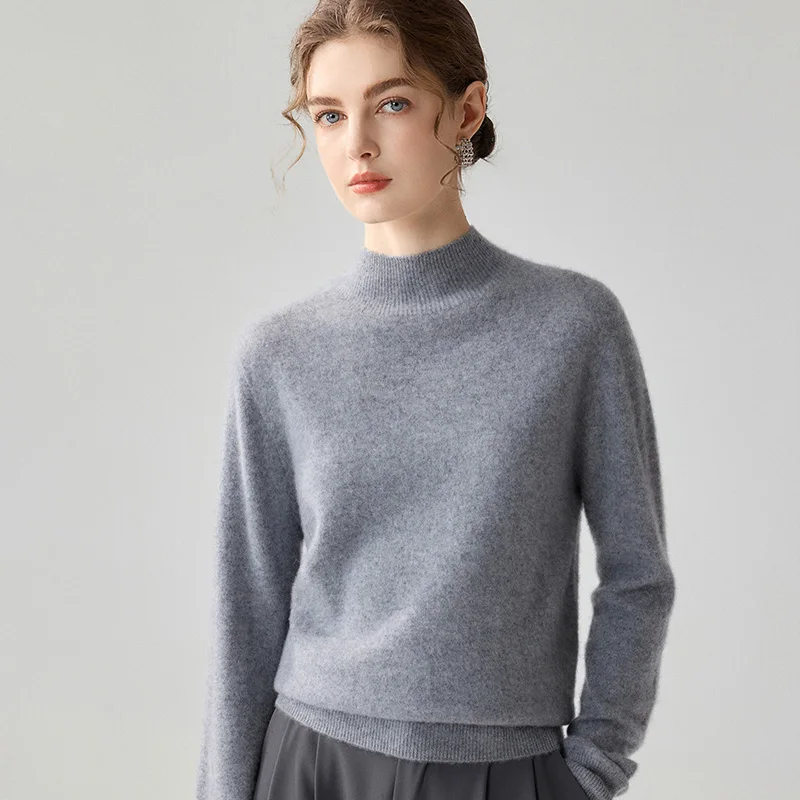 Seamless Womens Half Turtleneck 100% Pure Cashmere Sweater Pullover Solid Color Long Sleeve Knitted Layer Thermal Autumn Winter.