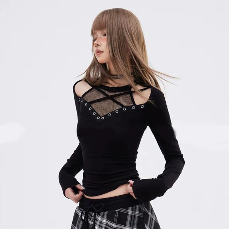 

Sexy Hollow Out Women T Shirt Y2K Streetwear Fishing Net Patchwork Long Sleeve Tees Fall Fashion Hotsweet Black Slim Fit Tops