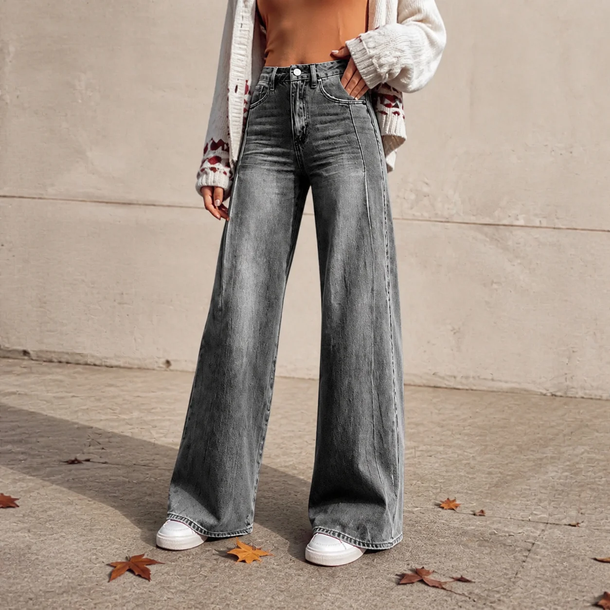 Women's Baggy High Waist Wide Leg Full Length Loose Fit Stone Washed Cotton Jeans for Women Casual Washed Denim Pants with Five