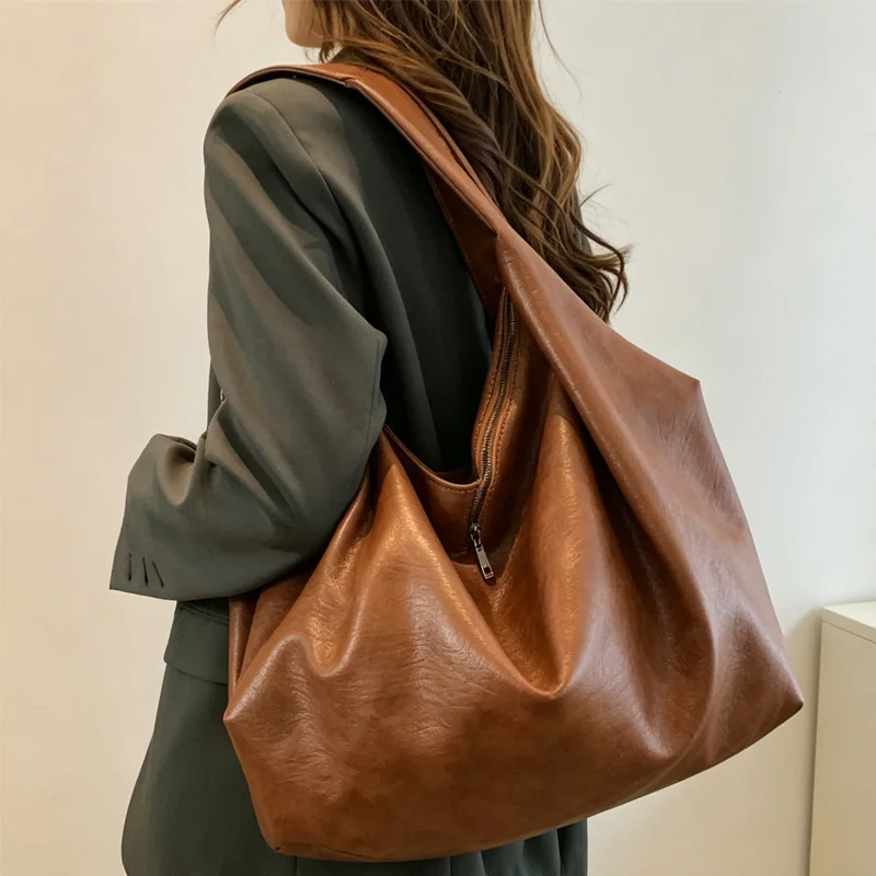 Alirattan New Large Capacity Shoulder Bags for Women,Fashion Big Hobo Shopper Bag Solid Color Soft Leather Crossbody Handbag Ins