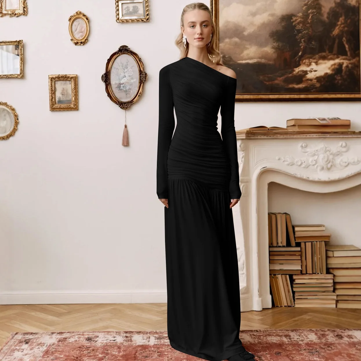 Irregular Draped Ruched Sexy Dress For Women Slanted Collar Long Sleeve Pleated Slim Party Dress Female Holiday Club Dresses