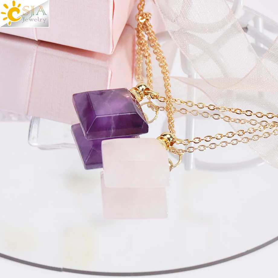 CSJA Natural Stone Perfume Necklace Rhombus Shape Crystal Pendant Essential Oil Bottle Stailess Steel Chain Necklaces H417