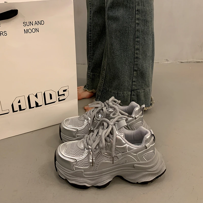 

Popular Thick-Soled Dad Shoes for Women, Summer Height-Increasing 2025 New Model, Silver Versatile Casual Sneakers