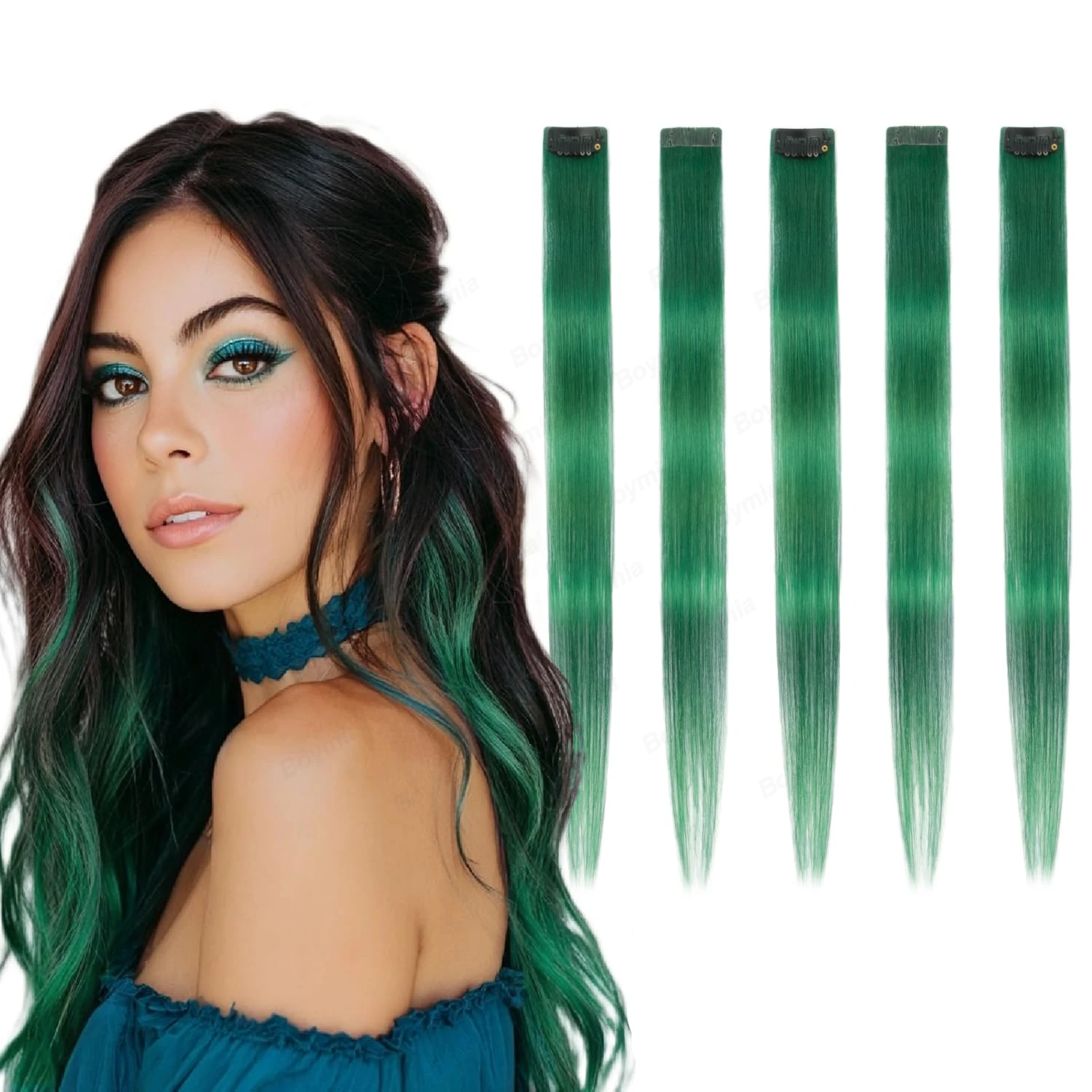 2 Pcs Green Hair Extensions 16Inches Straight Colored Hair Colorful Clip in Extensions Highlight Party for Girls and Women Gift