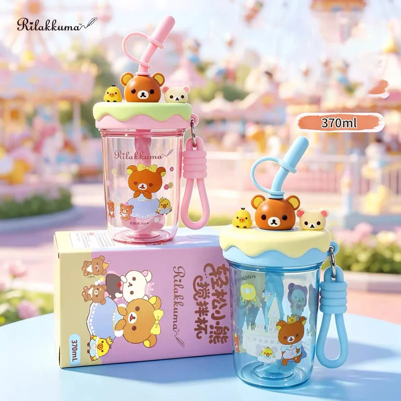 Anime Peripheral Gift Rilakkuma Straw Stirring Cup 370ml Cartoon Bear Plastic Portable Water Bottle Outdoor Water Cup With Slin