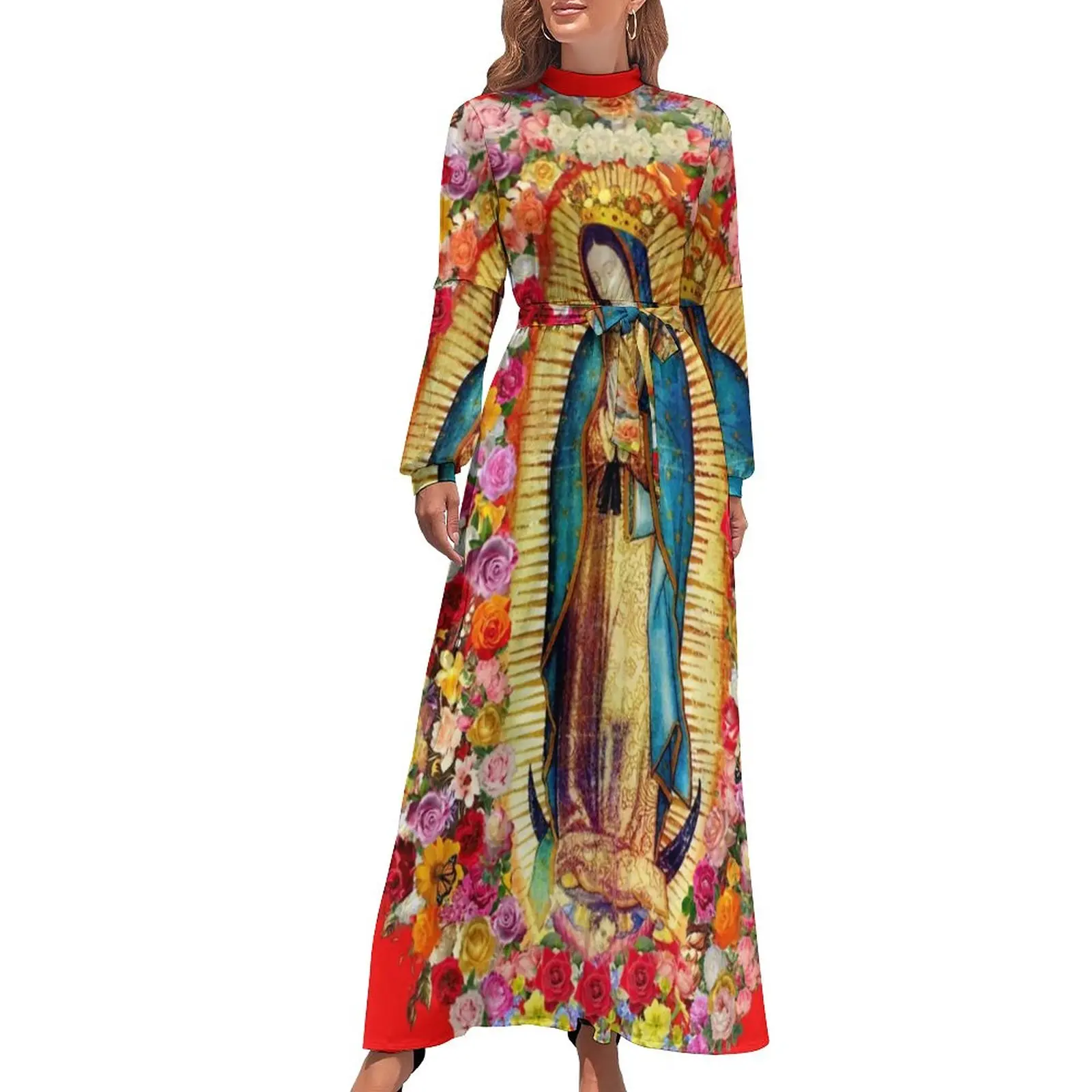 Mexican Virgin Mary Dress Our Lady of Guadalupe Elegant Design Maxi Dress High Waist Long Sleeve Streetwear Bohemia Long Dresses