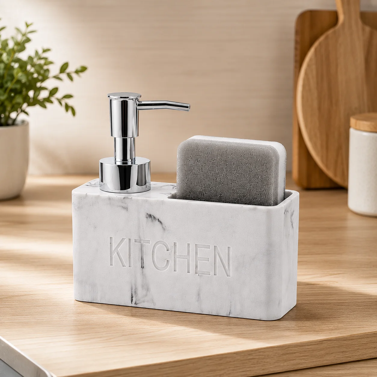 White Marble Kitchen Soap Dispenser with Utensil Holder Chrome Pump Bottle Liquid Hand Soap Sponge Scrubber Holder for Sink