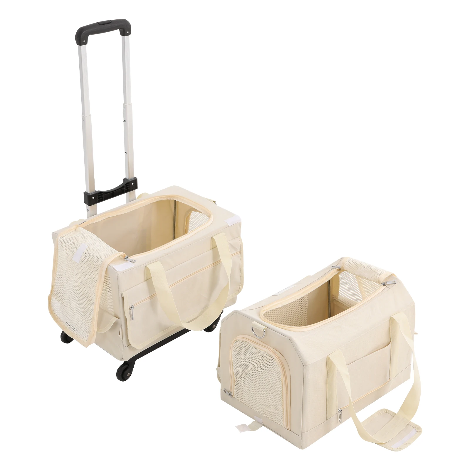 حقيبة عربة الحيوانات الأليفة باللون البيج مع نوافذ شبكية، حامل حيوانات أليفة متدحرج بطبقة مزدوجة، حامل حيوانات أليفة بعجلات لقطتين