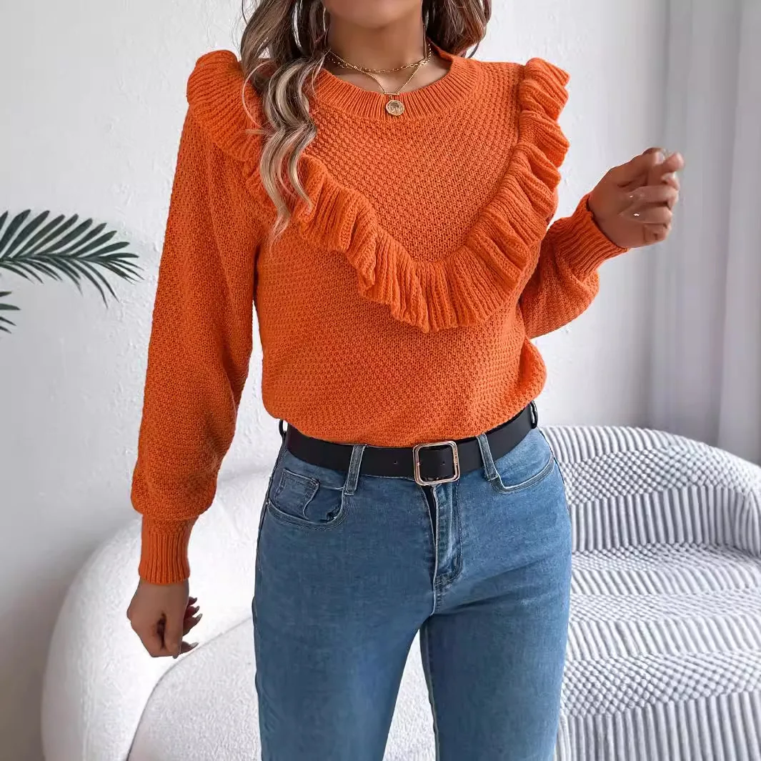 Elegant Women 2024 Autumn And Winter Elegant Solid Color Ruffled Long Sleeve Pullover Sweater Round Neck Orange Fall Jumpers Top