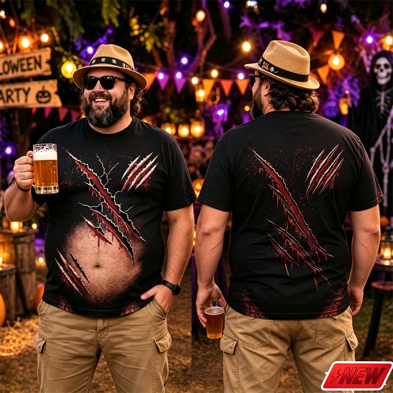 Halloween Horror 3D Print Fake Skin Muscle Pattern T Shirt Men Blood Splatter Short Sleeve Crew Neck Novelty Cosplay Party Tee