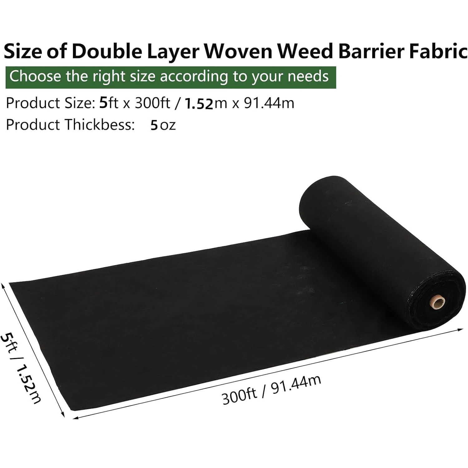 Woven Landscape Fabric 5oz, 5 x 300FT Weed Fabric Barrier, Double Layer, Garden Fabric Weed Barrier, Weed Control Ground Cover