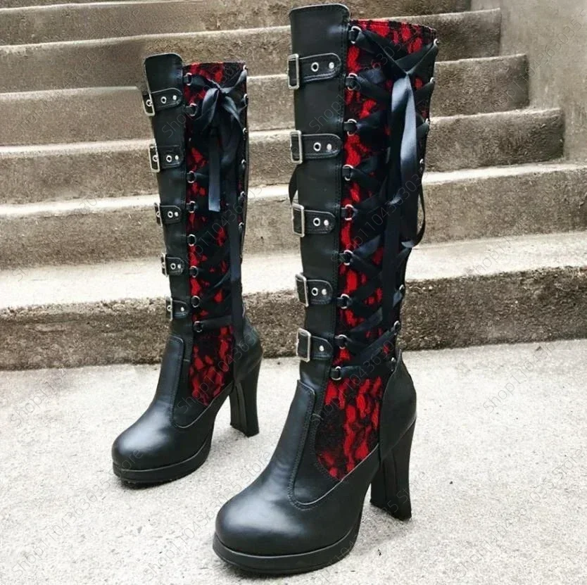 

Platform Boots For Women Lace Up Chunky High Heel Mid Calf Boots Narrow Band Bow Knot Goth Gothic Large size Shoes 2025 Spring