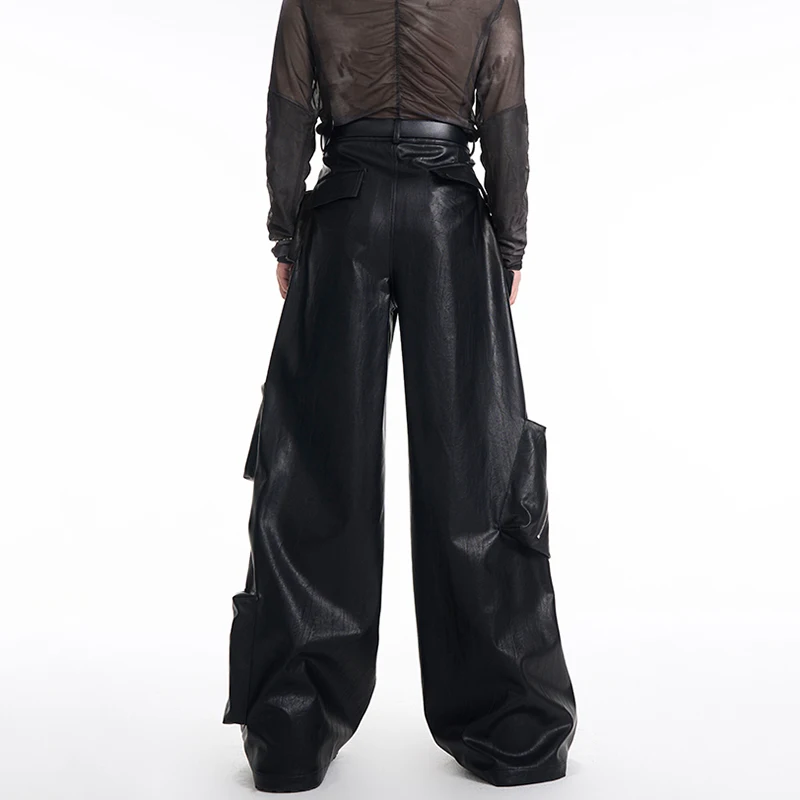 LUZHEN 2025 New Original Zipper Pockets Decorate Design Loose Straight Leather Pants Men's Fashion High Street Wide Leg LZ8583