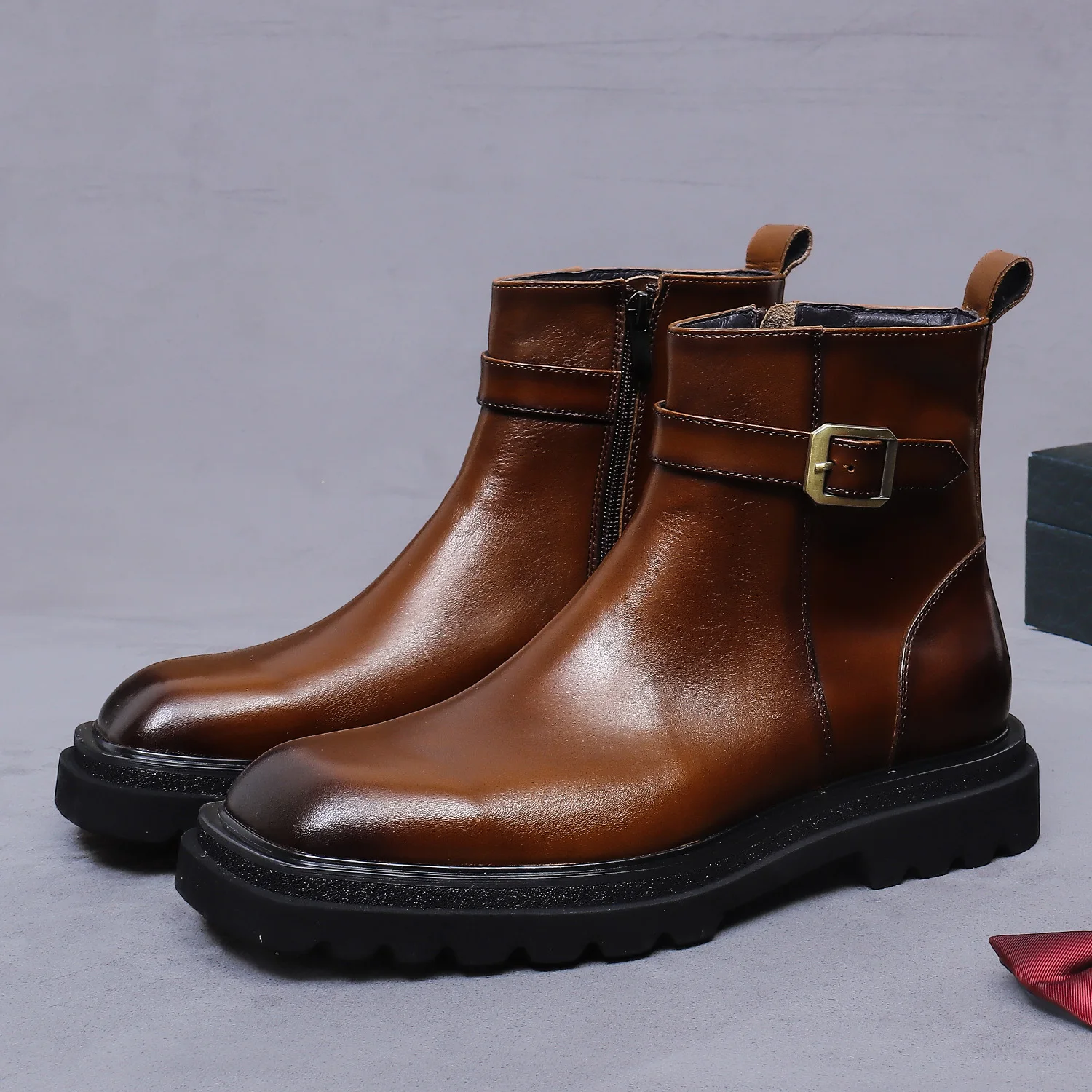 

Men's Plus Size High-Heeled Leather Boots with Side Zipper And Metal Buckle Cowhide Real Leather Martin Business Footwear