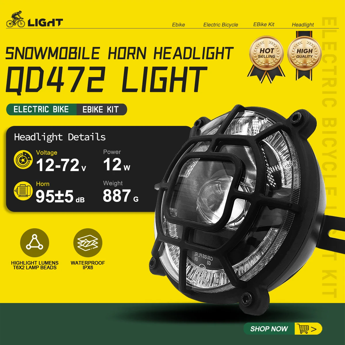 

Electric Bike Motorcycle Front Light QD472 High Brightness Aluminium Alloy Electric Bicycle Horn Headlight Riding Accessories