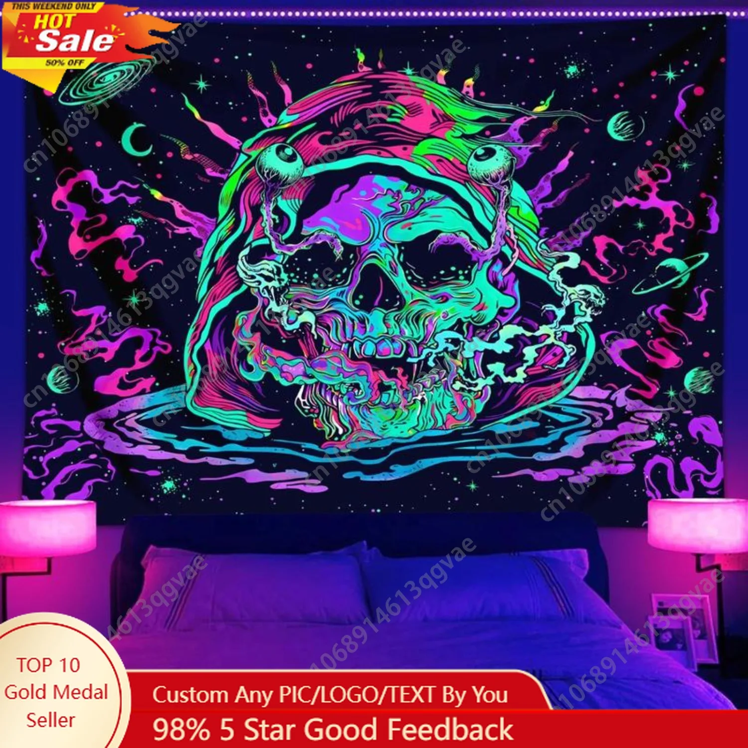 الجمجمة نمط نسيج الأشعة فوق البنفسجية استجابة الضوء الأسود نسيج الفضاء كوكب السماء المرصعة بالنجوم نسيج للمنزل غرفة نوم مخصص الديكور