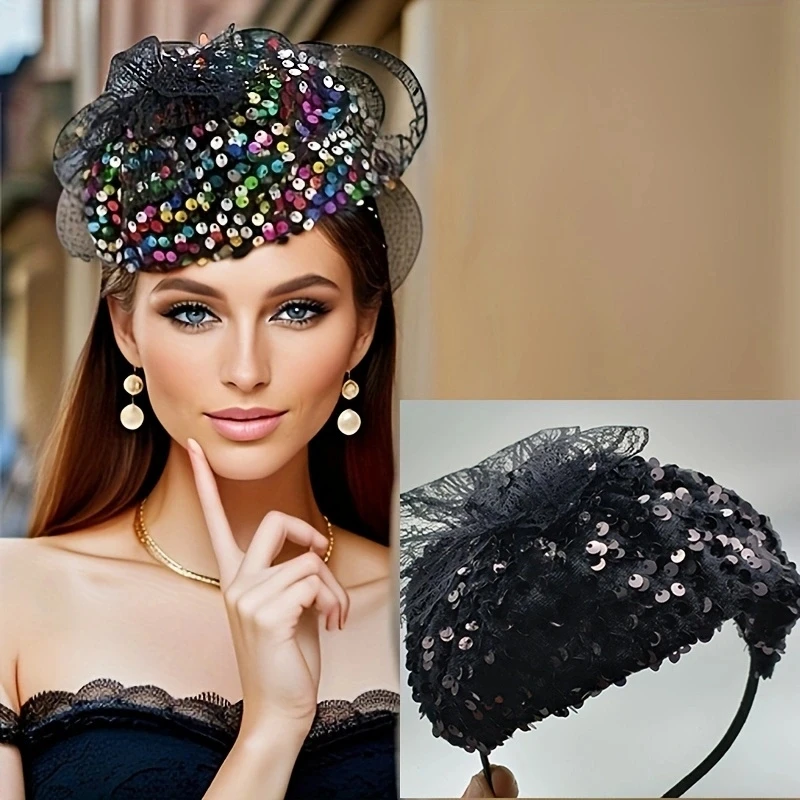 Wiosna lato Vintage brokat cekiny szerokie rondo damski półkapelusz oddychająca osłona włosy półkapelusz opaska z obręczem moda francuska