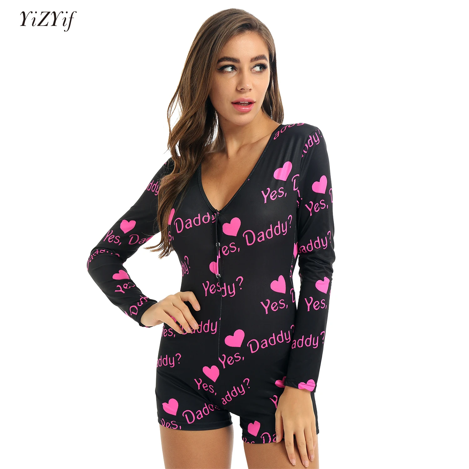 

Fashion Women Long Sleeve Letters/Leopard Bodysuits One-piece Deep V Neck Leotard Bodycon Short Rompers Pajamas Overalls