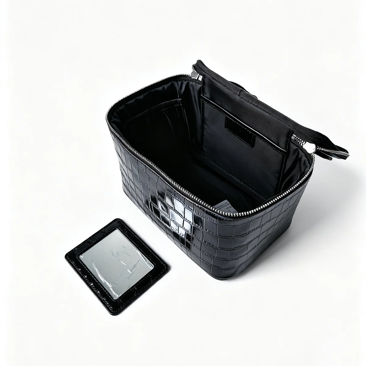 Echtes Leder Krokodil-Prägung Schwarzes Kosmetiktaschen-Set für Damen Toilettenartikel-Organizer Große Kapazität Reise-Make-up-Tasche – Detail 14